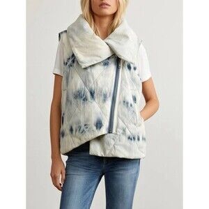 Free People Tie Dye Sherpa Puffer Vest LARGE White Blue Asymmetrical Boho